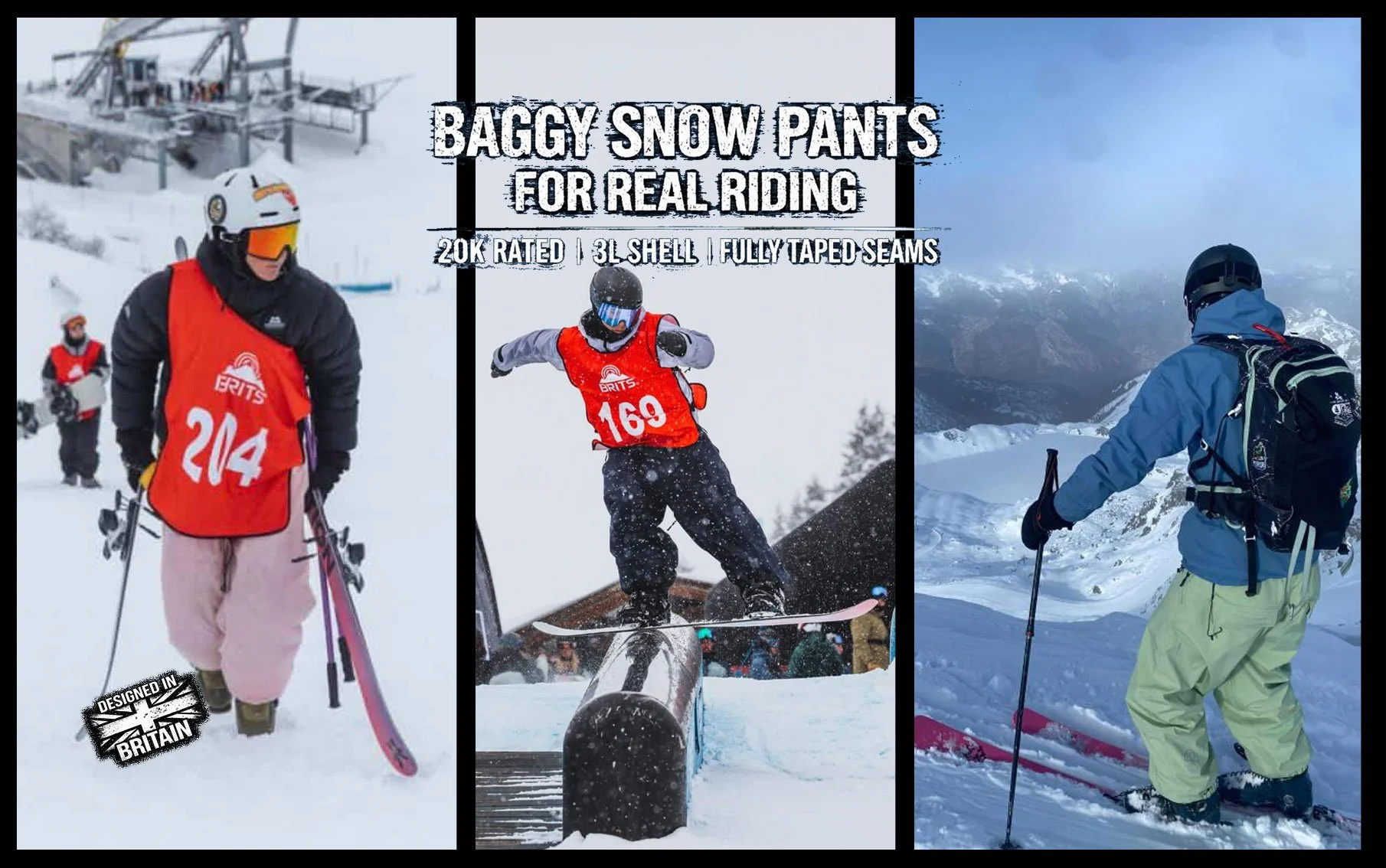 Shows Freeski, snowboard competitors and back country skiers wearing snowripper baggy snow pants