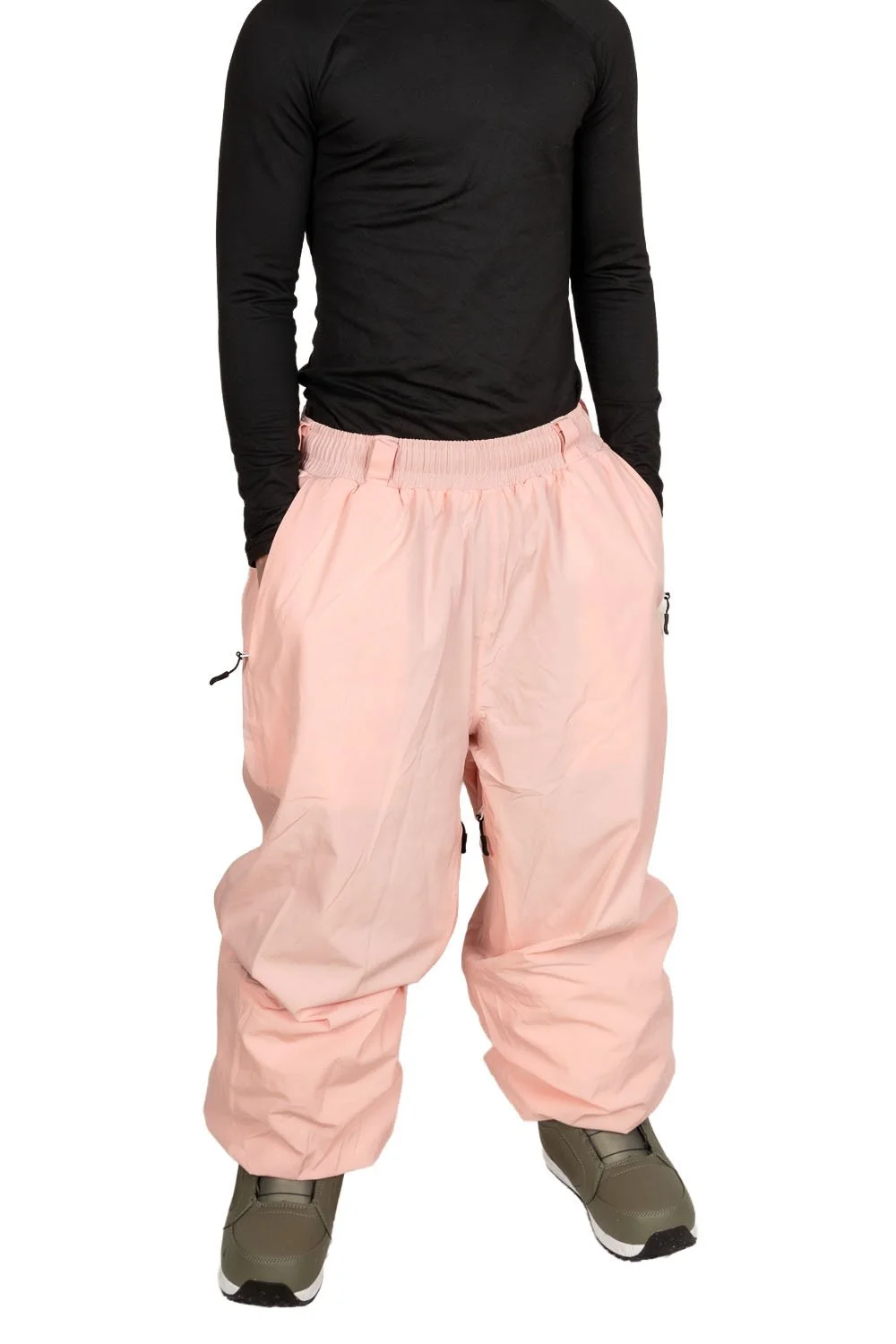 Front view of Snowripper Drift Pants in Pink a boo with hands in pockets showing street-ready fit.