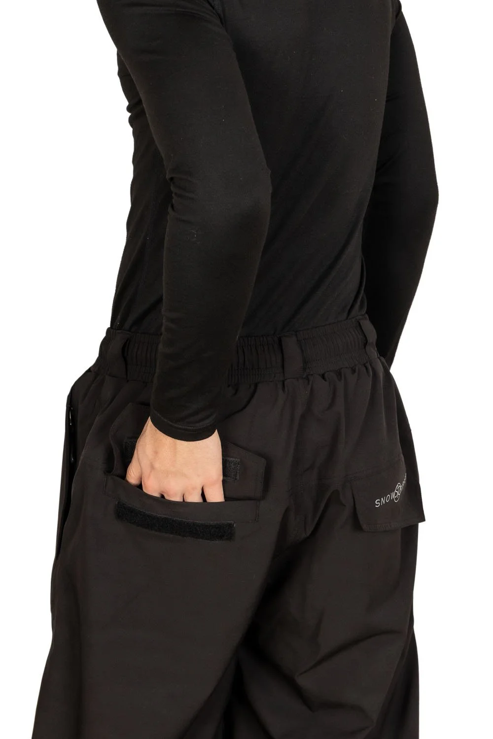 Back view of Snowripper Drift Pants in Black with hands in back pockets highlighting logo placement.