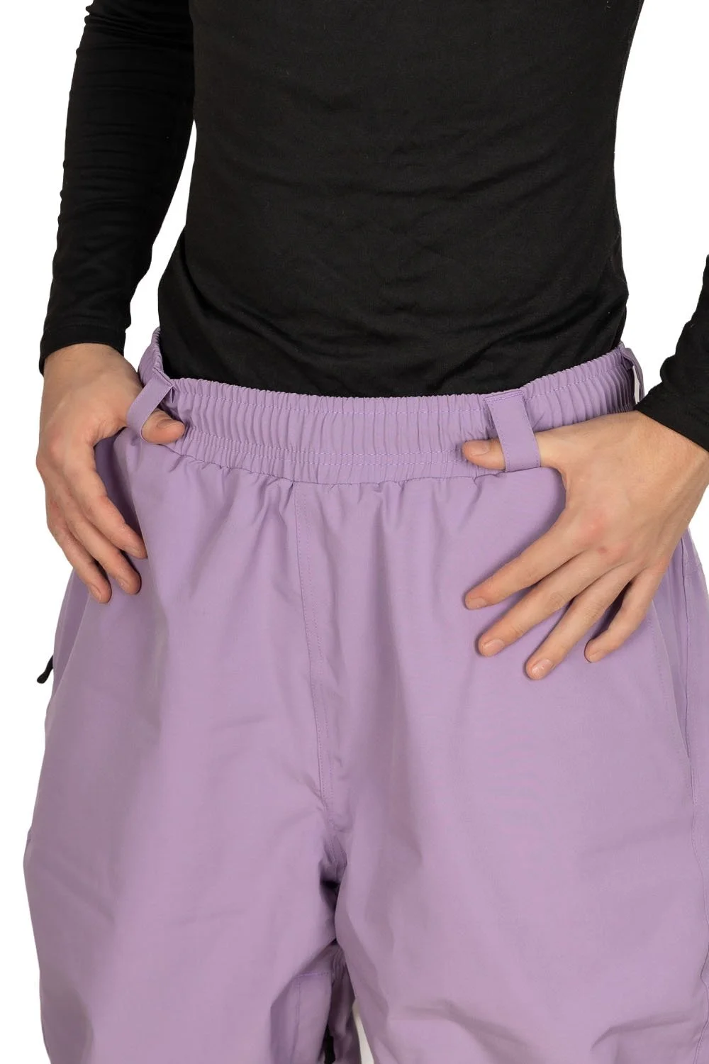 Close-up of thick elastic waistband and oversized belt loops on Thistle Snowripper Drift Pants with no external drawstring.