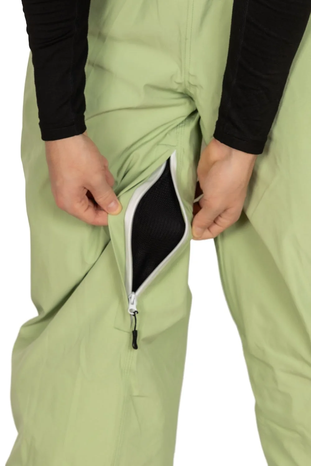 Close-up of vented leg panel on Mist Green nowripper Drift Pants for breathability.