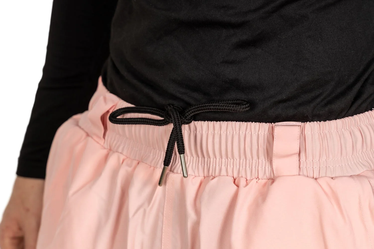 Close-up of tied internal drawstring on Pink a boo Snowripper Drift Pants waistband.