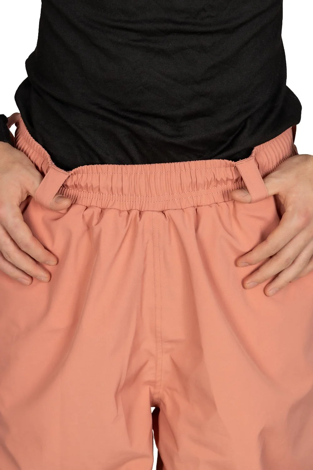 Close-up of thick elastic waistband and oversized belt loops on Coral Beacon Snowripper Drift Pants with no external drawstring.