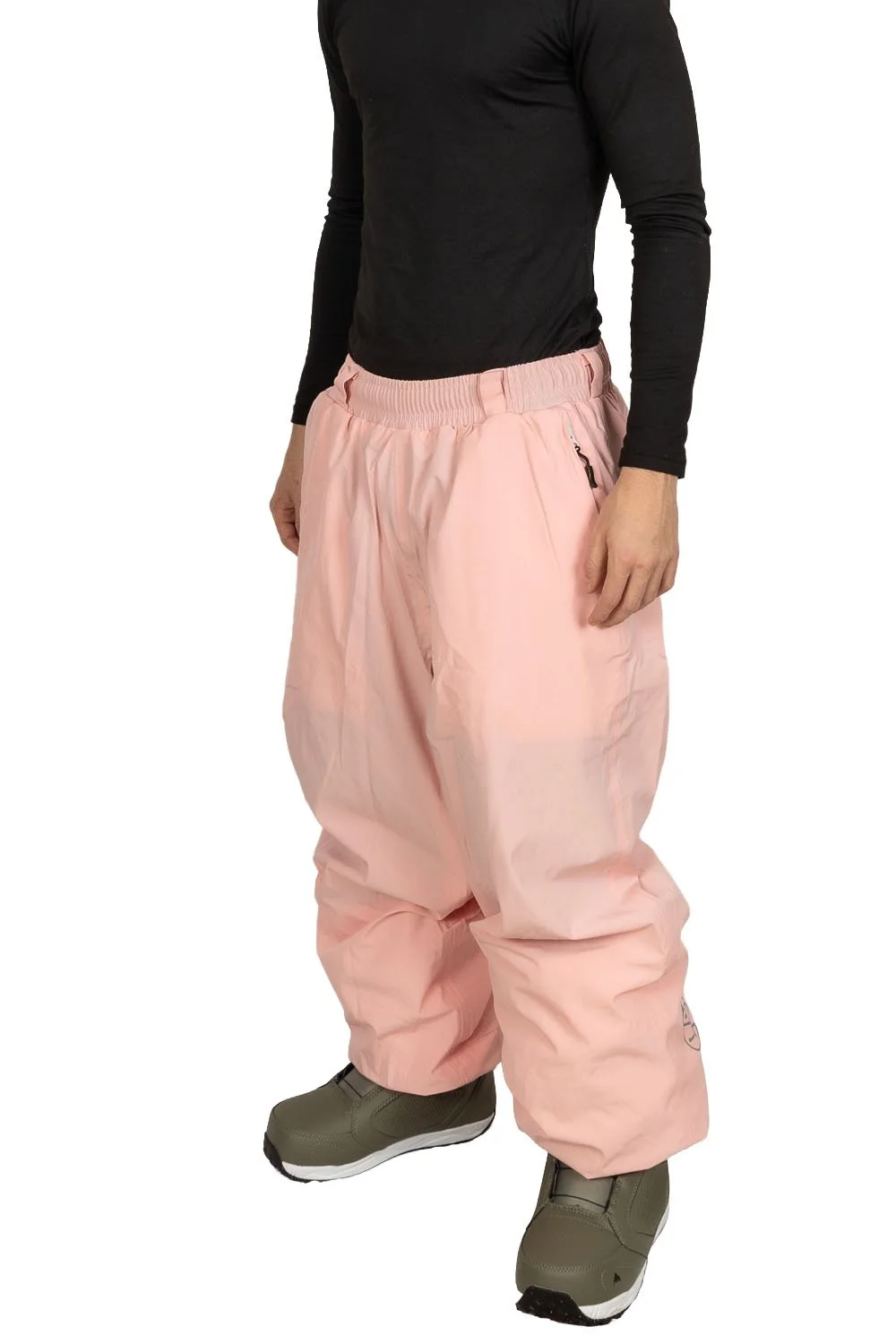 Front angled view of Snowripper Drift Pants in Pink a boo showing full snowboard silhouette.
