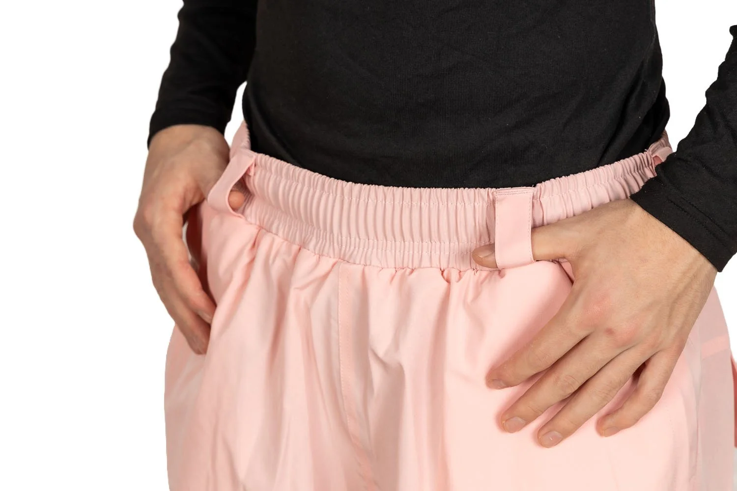 Close-up of thick elastic waistband and oversized belt loops on Pink a boo Snowripper Drift Pants with no external drawstring.