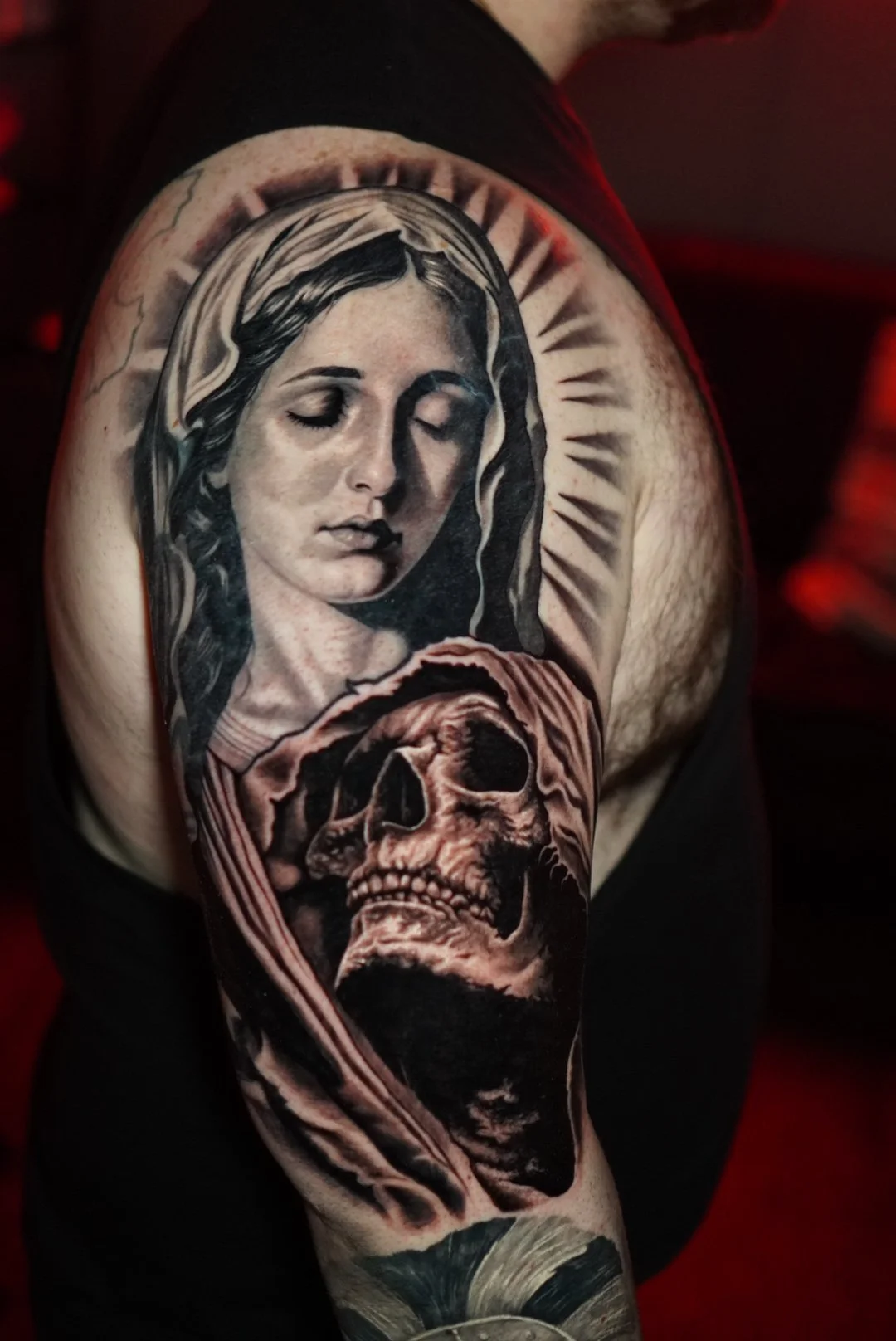 Mother Mary tattoo black and grey NYC