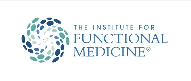Logo of The Institute for Functional Medicine featuring a circular design of various shades of blue and green dots and the institute's name in blue text.