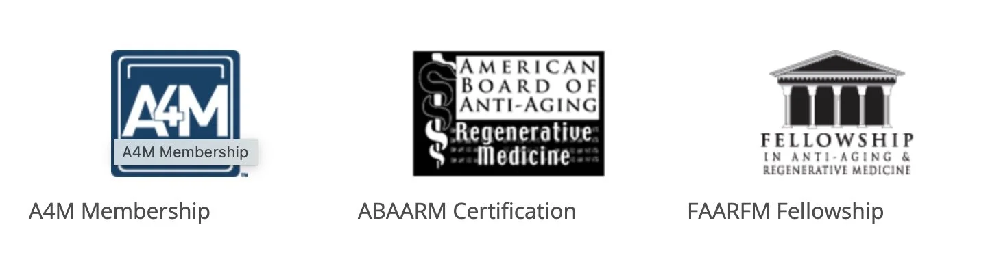 Three logos: A4M Membership with a blue square and white text, ABARM Certification with black and white text and a caduceus symbol, and FAARM Fellowship with a black outline of a building and text.