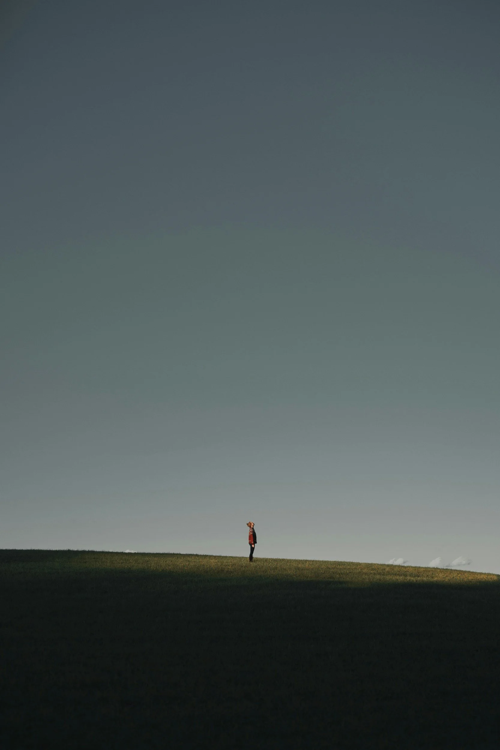 therapy with monica. A person standing alone on a grassy hill under a clear sky.