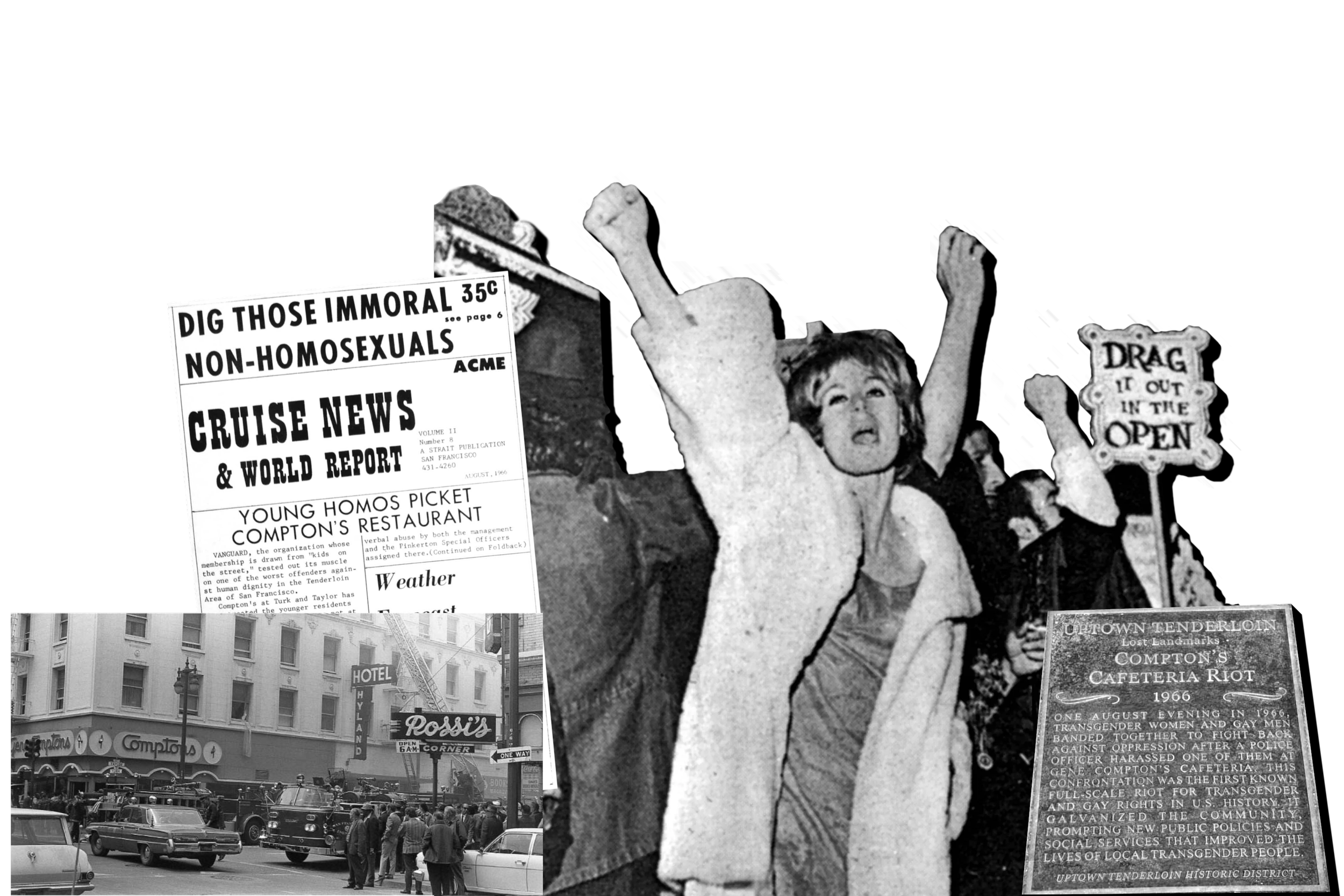 Historical black-and-white photograph of a woman protesting with clenched fists raised in the air, surrounded by signs and posters related to LGBTQ+ rights and protests, including a newspaper headline and a sign advocating for drag performances to be open in the nude.