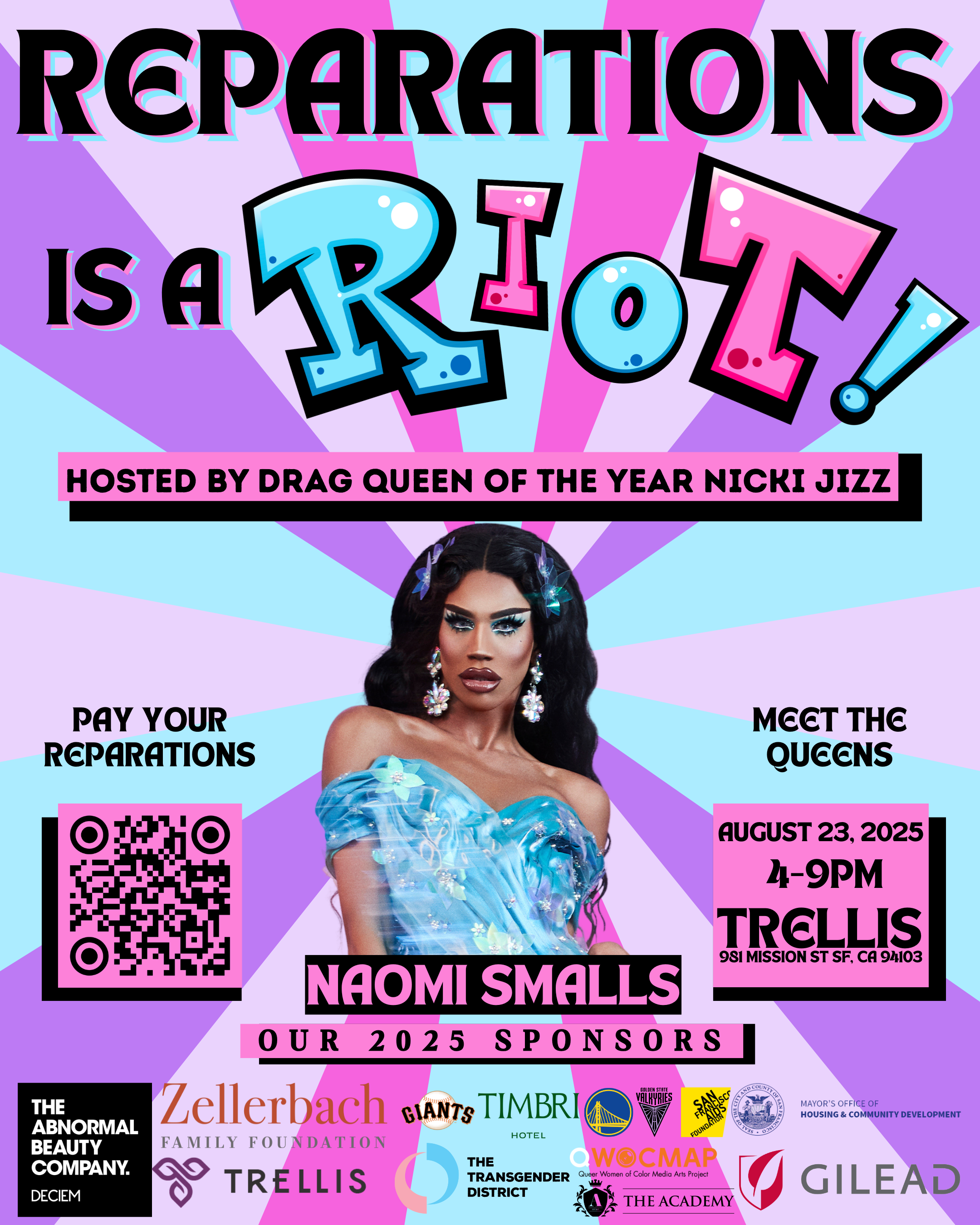 A vibrant, colorful poster advertising a reparations event hosted by drag queen Nicki Jizz, featuring a central image of a drag queen with long dark hair and elaborate makeup, wearing a sheer blue dress with floral embellishments. The poster includes event details, a QR code for payments, and logos of sponsors.