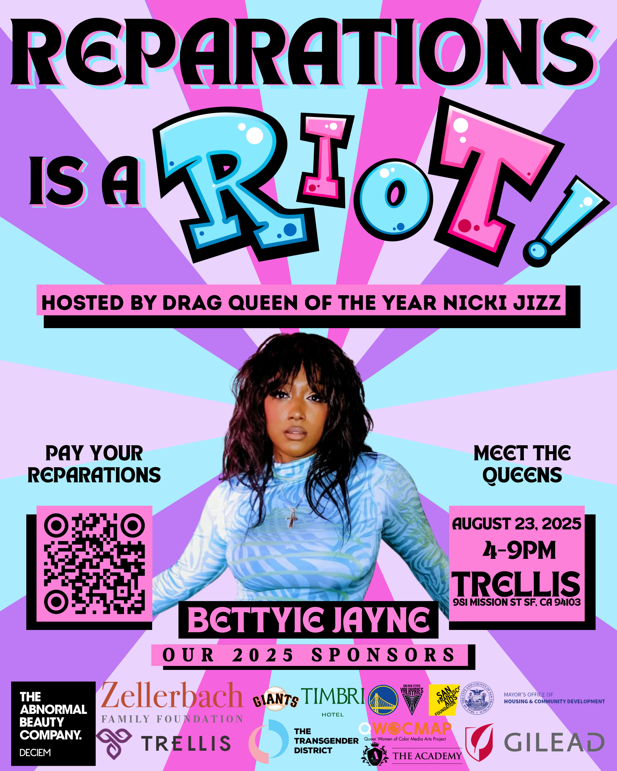 Colorful party invitation poster featuring a photo of Betty Jayne, announcing a drag queen event hosted by Nicki Jizz on August 23, 2025, at Trellis, with a QR code and sponsor logos.