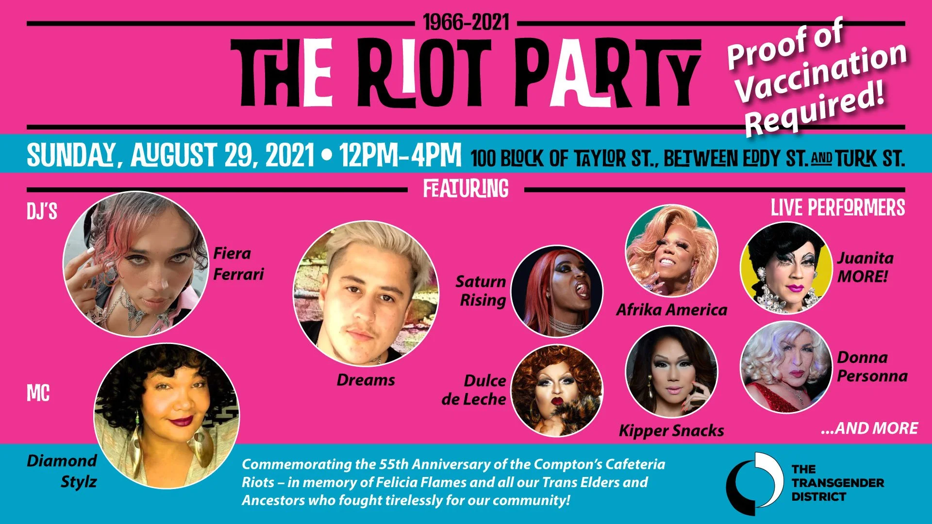 Pink poster advertising 'The Riot Party' scheduled for Sunday, August 29, 2021, from 12 PM to 4 PM, at 100 Block of Taylor Street, between Eddy and Turk Streets. The poster features photos and names of DJs Fiera Ferrari and Dreams, MC Diamond Stylz, and live performers Afrika America, Juanita MORE!, Donna Personna, Saturn Rising, Dulce de Leche, and Kipper Snacks, with the event to commemorate the 55th anniversary of the Compton's Cafeteria Riots. The poster emphasizes proof of vaccination is required and is associated with The Transgender District.