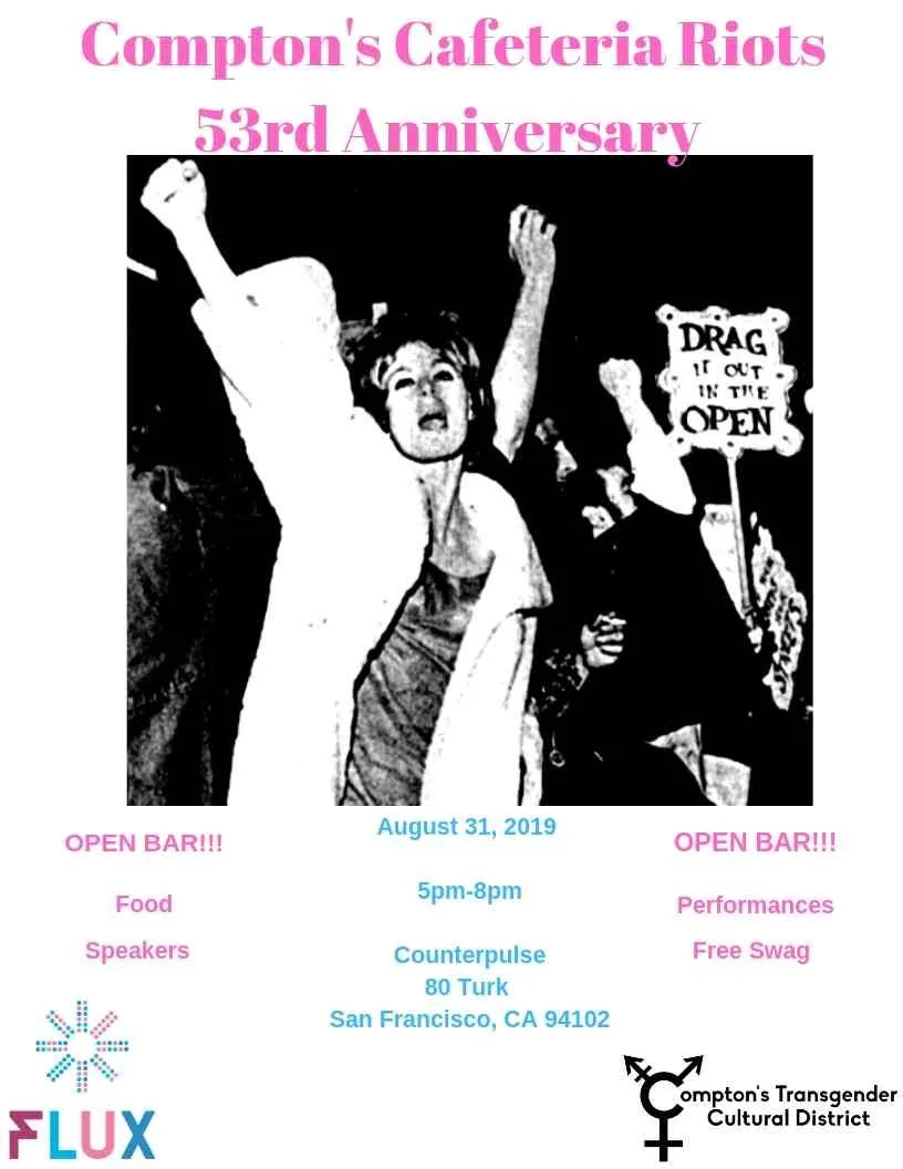 A poster for Compton's Cafeteria Riots 53rd Anniversary with a black and white photo of a woman with her fist raised, holding a sign that says "Drag it out in the open". The event details include date, time, location, and activities, and the poster has pink and blue text.
