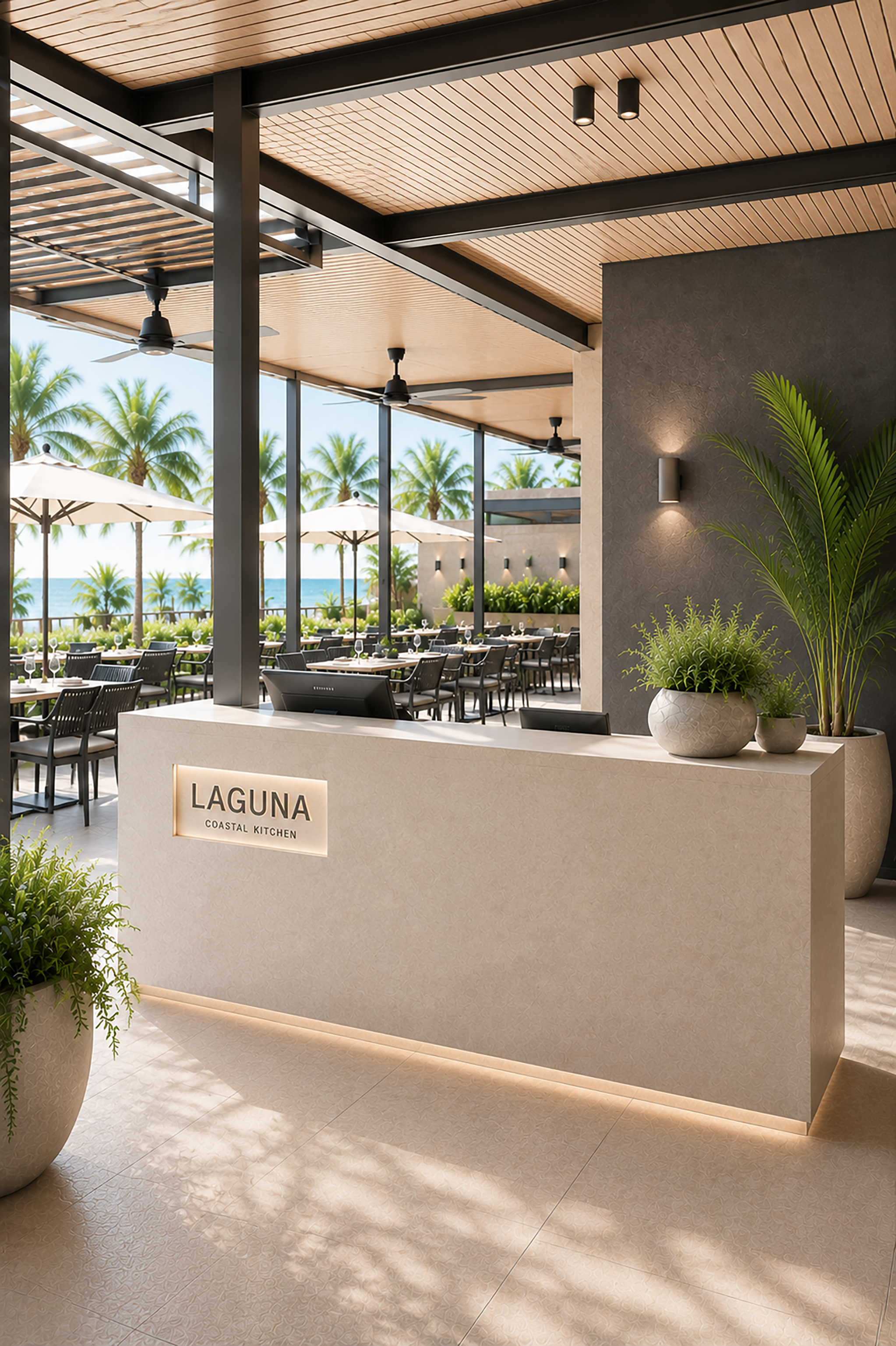 Solaras™ outdoor restaurant reception counter and commercial joinery in a covered alfresco dining area featuring durable exterior cabinetry and modern architectural design.