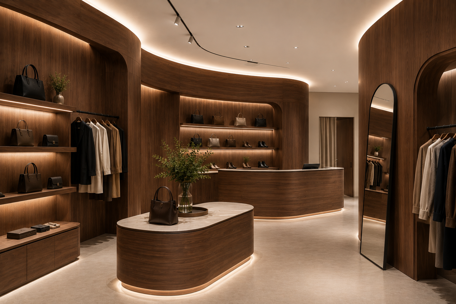 Luxury walnut retail fit-out featuring curved Bendy Ply plywood wall linings and custom joinery