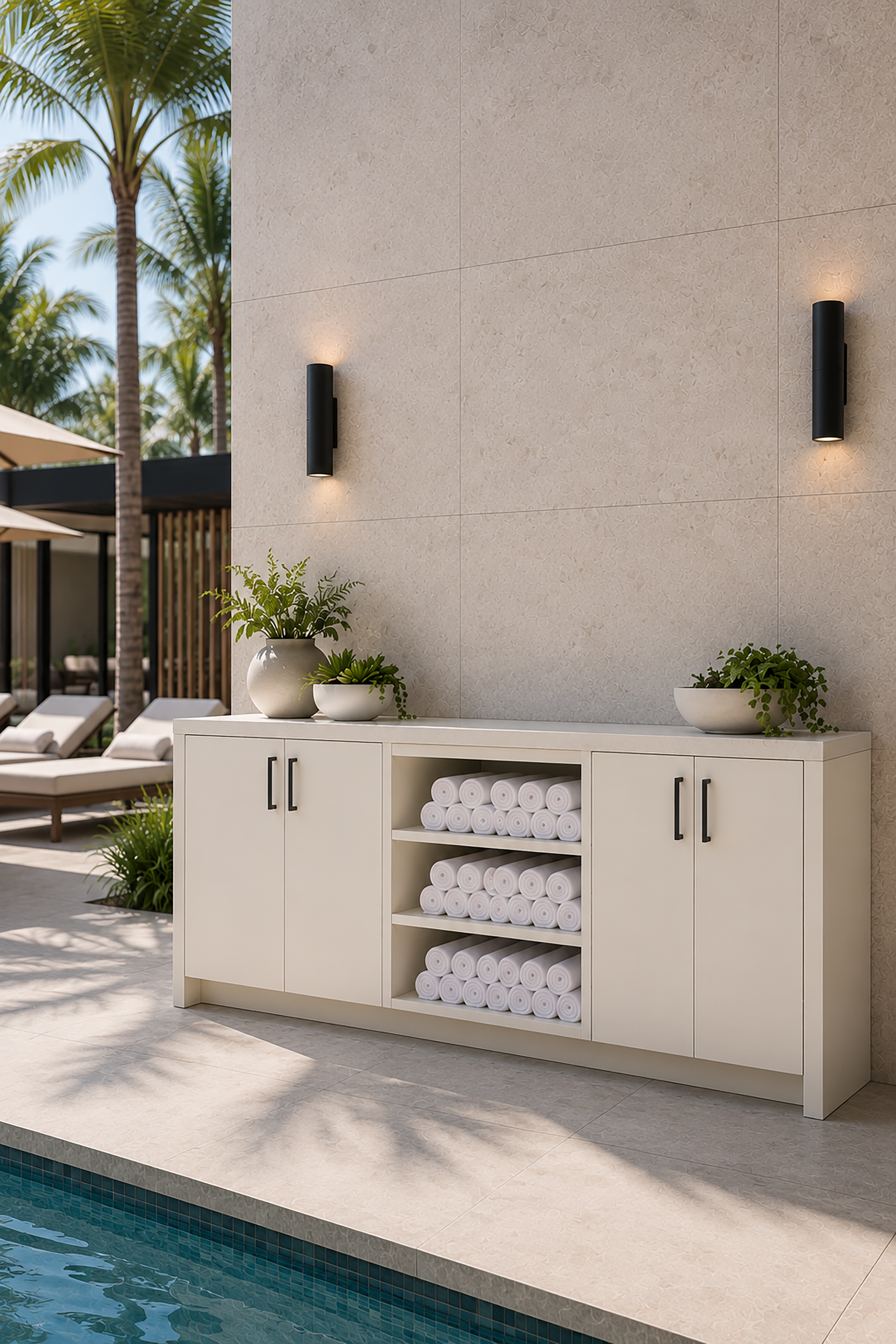 Poolside outdoor cabinetry with Solaras™ exterior joinery panels in a protected alfresco environment