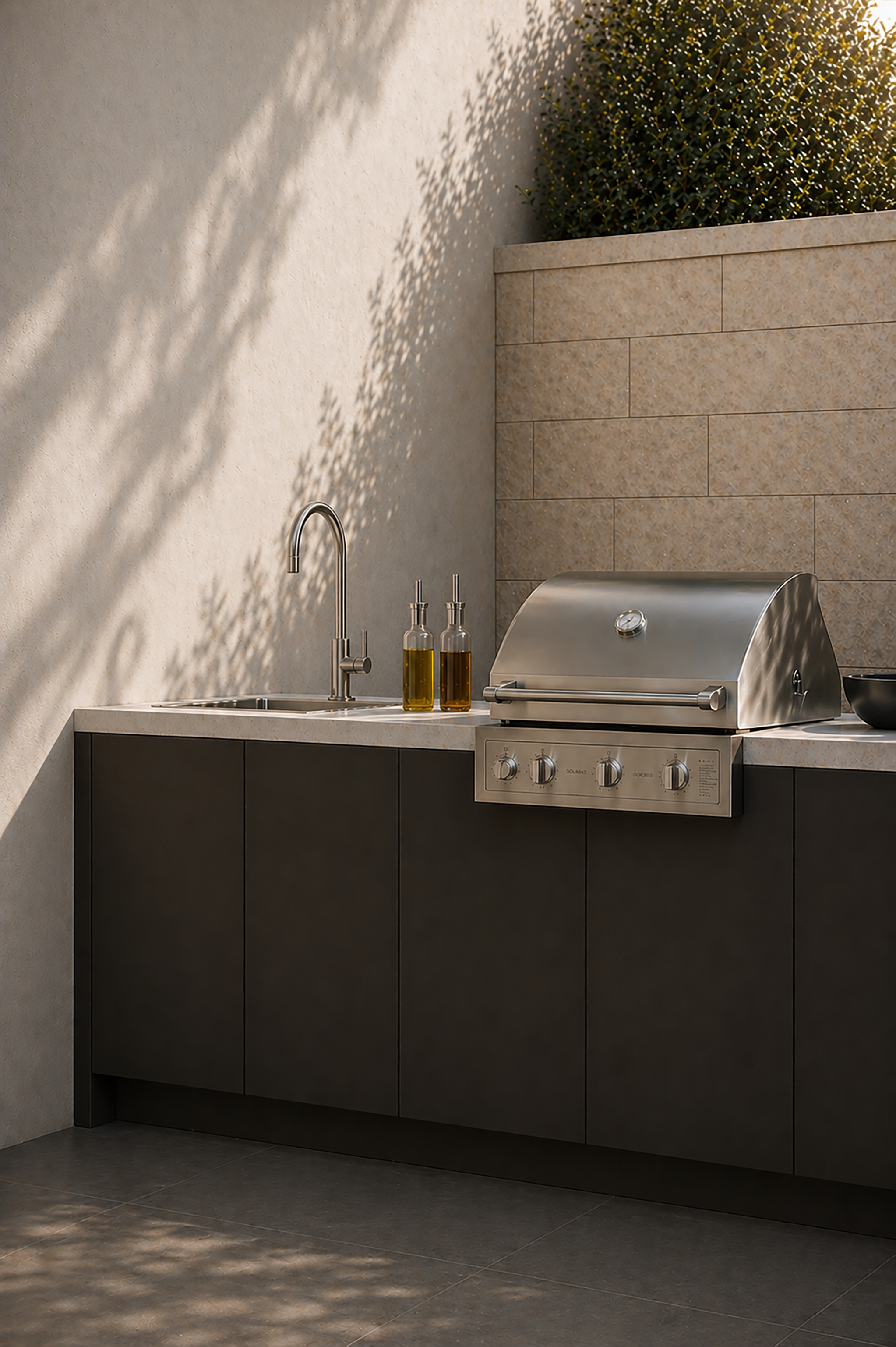 Modern outdoor cabinetry and storage solutions using Solaras™ decorative panels in a covered entertaining area