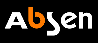 Absen logo with black background and stylized white and orange text
