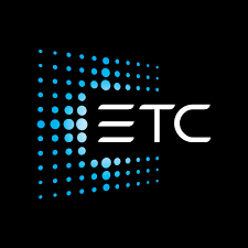 Logo with the text 'ETC' surrounded by a pattern of blue dots on a black background.
