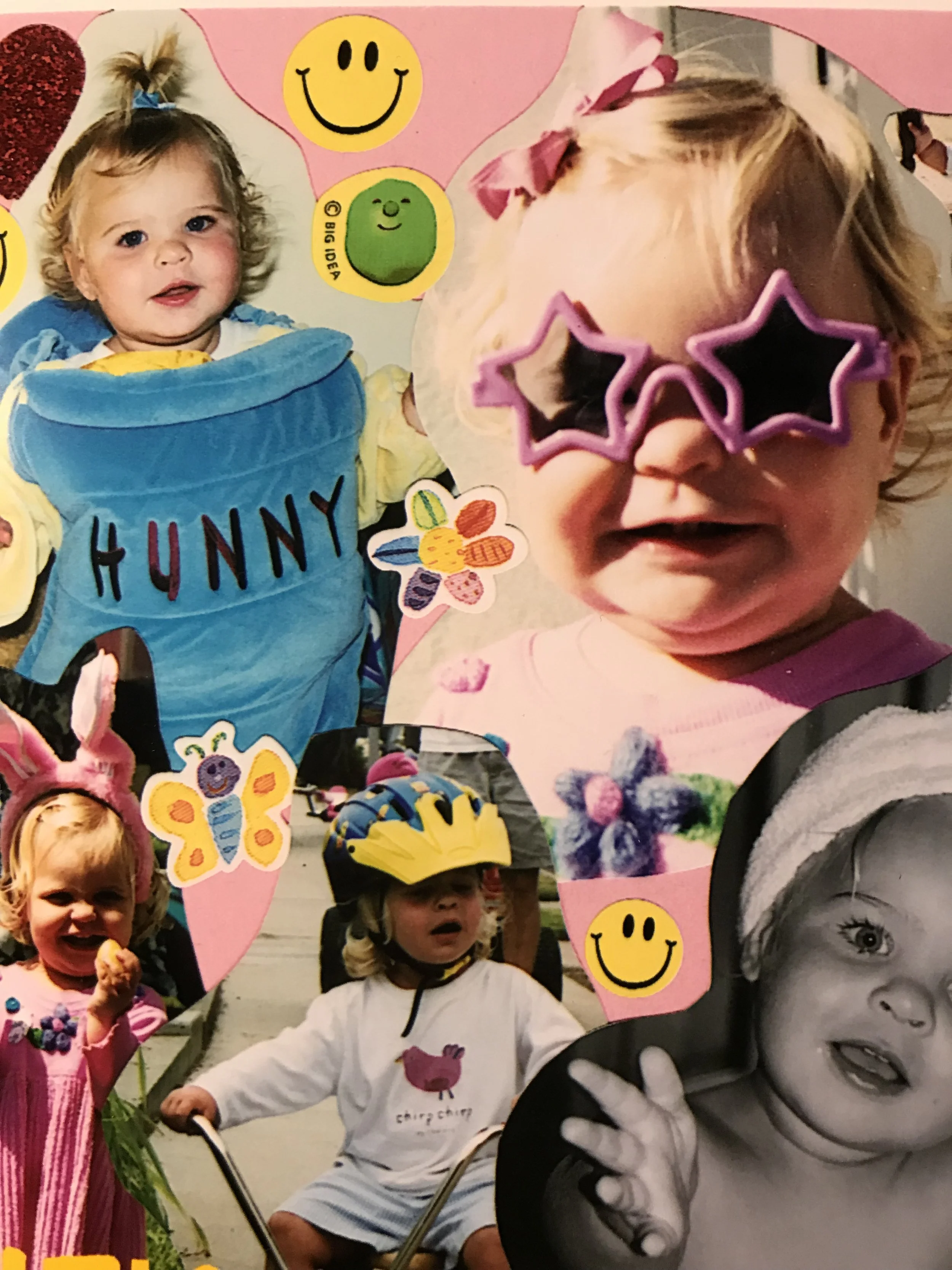 Collage of photos featuring children in playful costumes and accessories, including a girl with bunny ears, a girl with star-shaped sunglasses, a girl with a pink dress and a feather headband, a child with a bike helmet, and a black-and-white photo of a young girl. The collage includes colorful stickers of smiley faces, a butterfly, a flower, and the word "HUNNY" on a blue background.