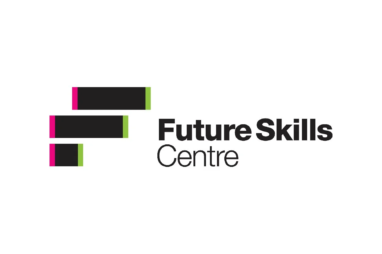 Logo of Future Skills Centre featuring black horizontal bars with pink and green ends, and the text 'Future Skills Centre' in black.