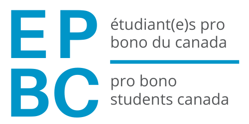 EPBC logo with blue and black text, stating 'étudiant(e)s pro bono du canada' and 'pro bono students canada'.
