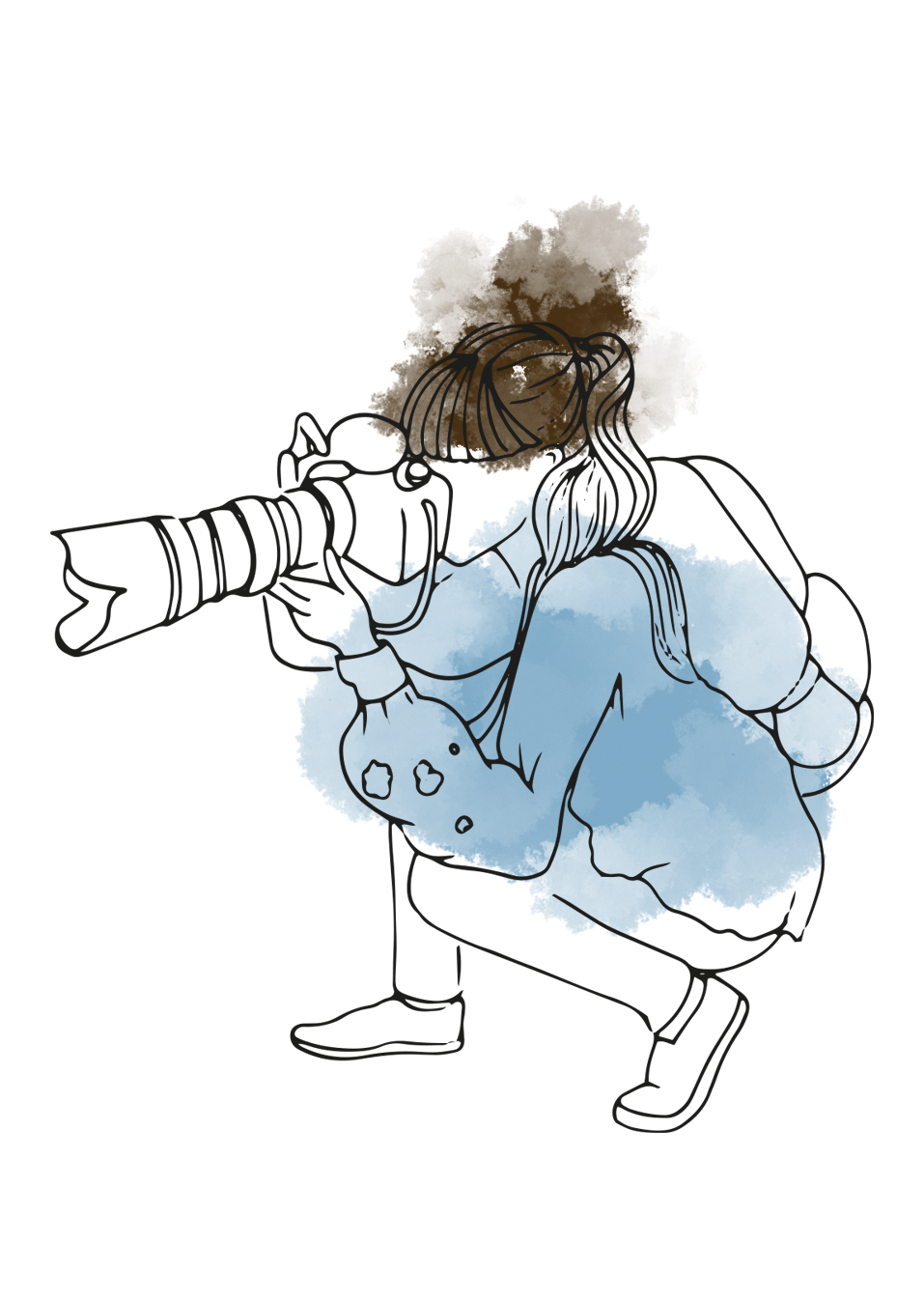Drawing of a girl with long hair holding a coffee mug, sitting with her knees drawn up, and looking down.