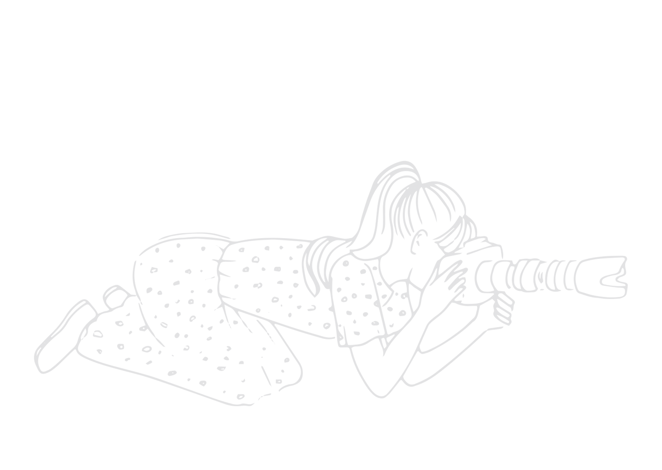 Line drawing of a girl with long hair in a ponytail, wearing a polka dot dress, lying on her stomach and looking through a telescope.