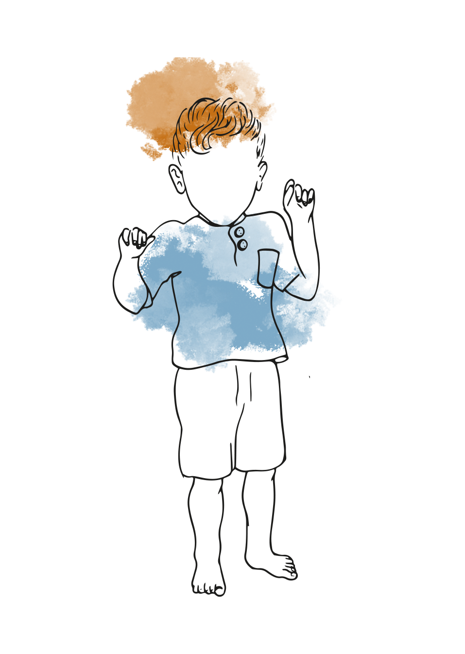 Illustration of a person with orange hair, wearing a blue shirt with buttons, and facing forward, with a simplified purple face and no detailed features.