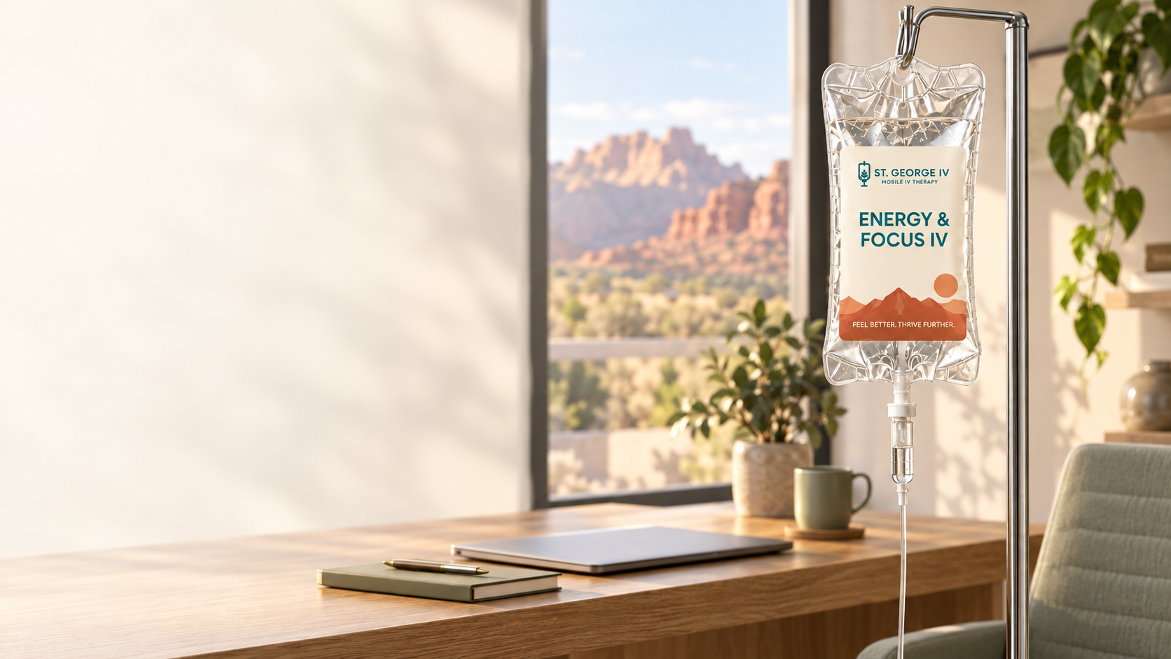 Energy & Focus IV bag with one centered tube in a bright home office