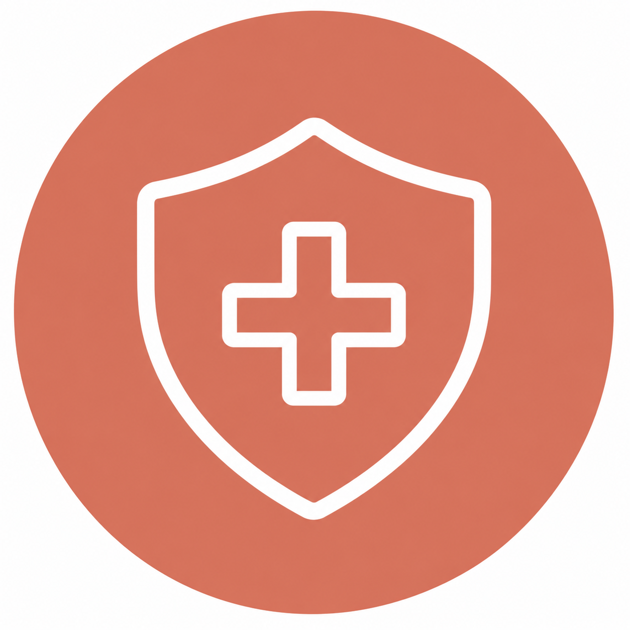 Icon of a medical shield with a cross in the center, symbolizing healthcare or health protection, set against a circular orange background.