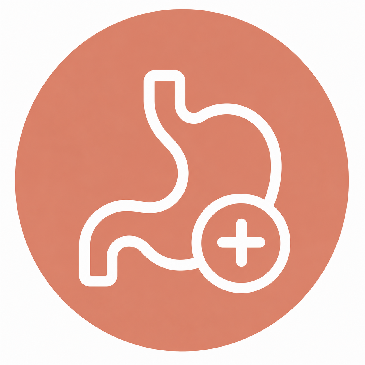 Medical icon of a stomach with a plus sign indicating stomach health or medical treatment.