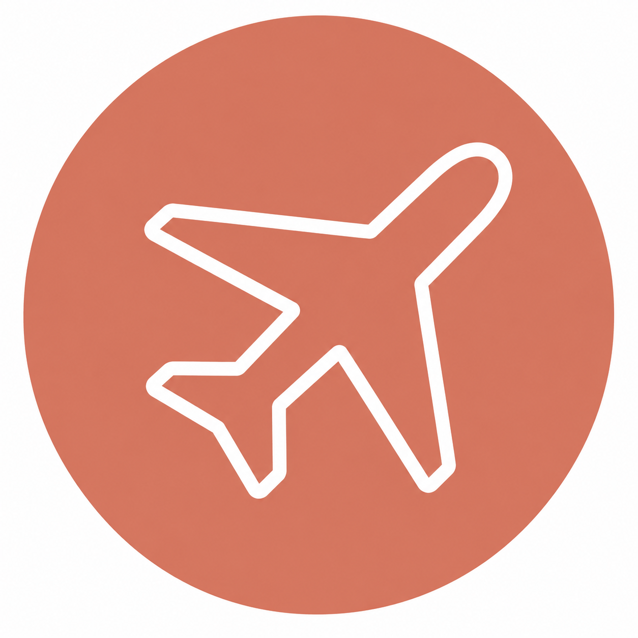 Outline of an airplane inside a circular orange background.
