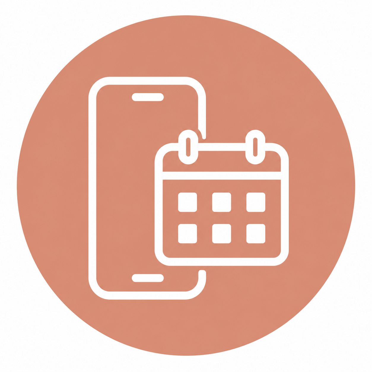 Outline of a smartphone and a calendar icon on a brown circular background.