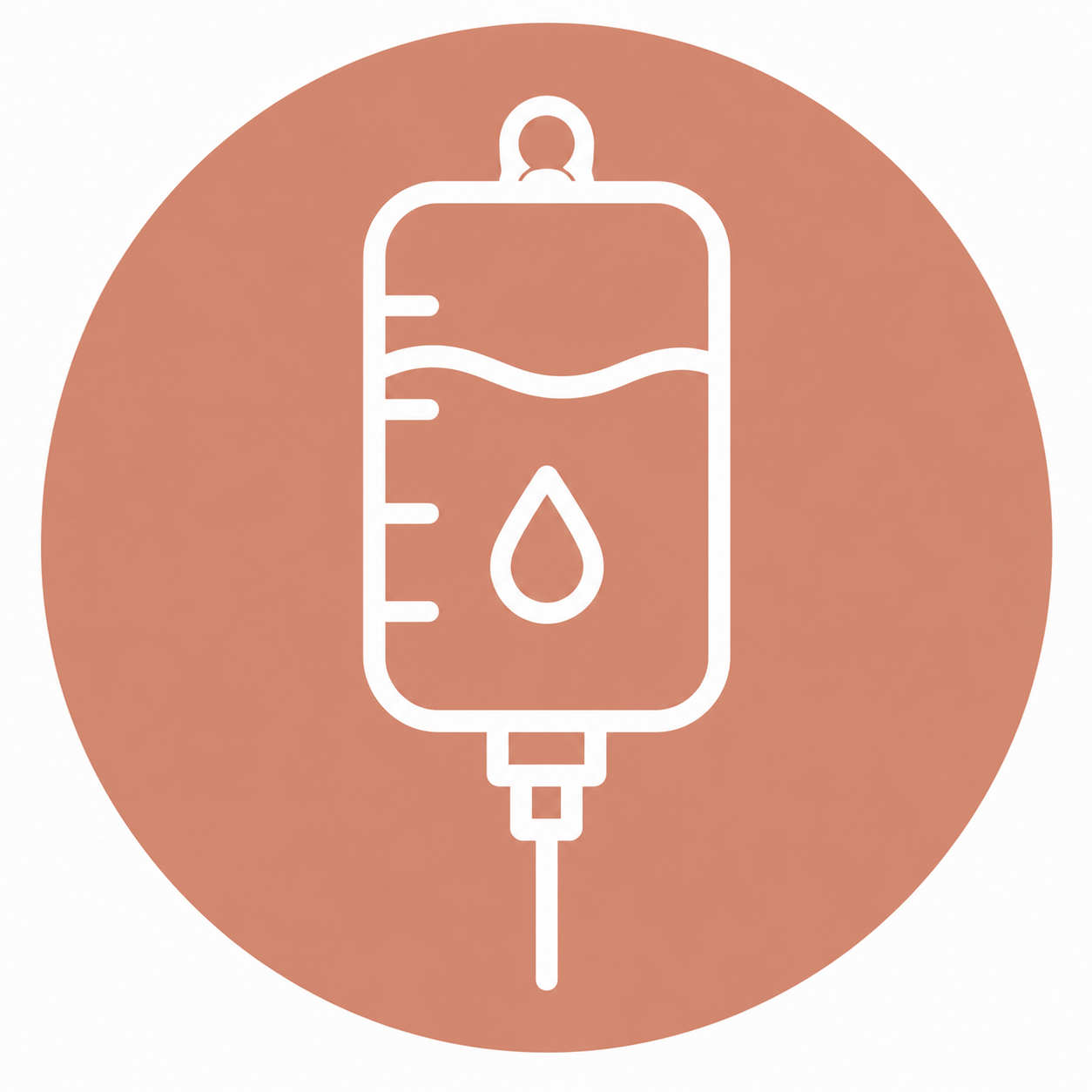 Icon of a medical IV drip bag with a drop symbol, set against a brown circular background.