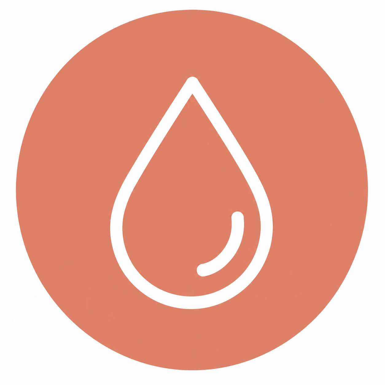 Icon of a water droplet with a white outline on a round reddish-orange background.