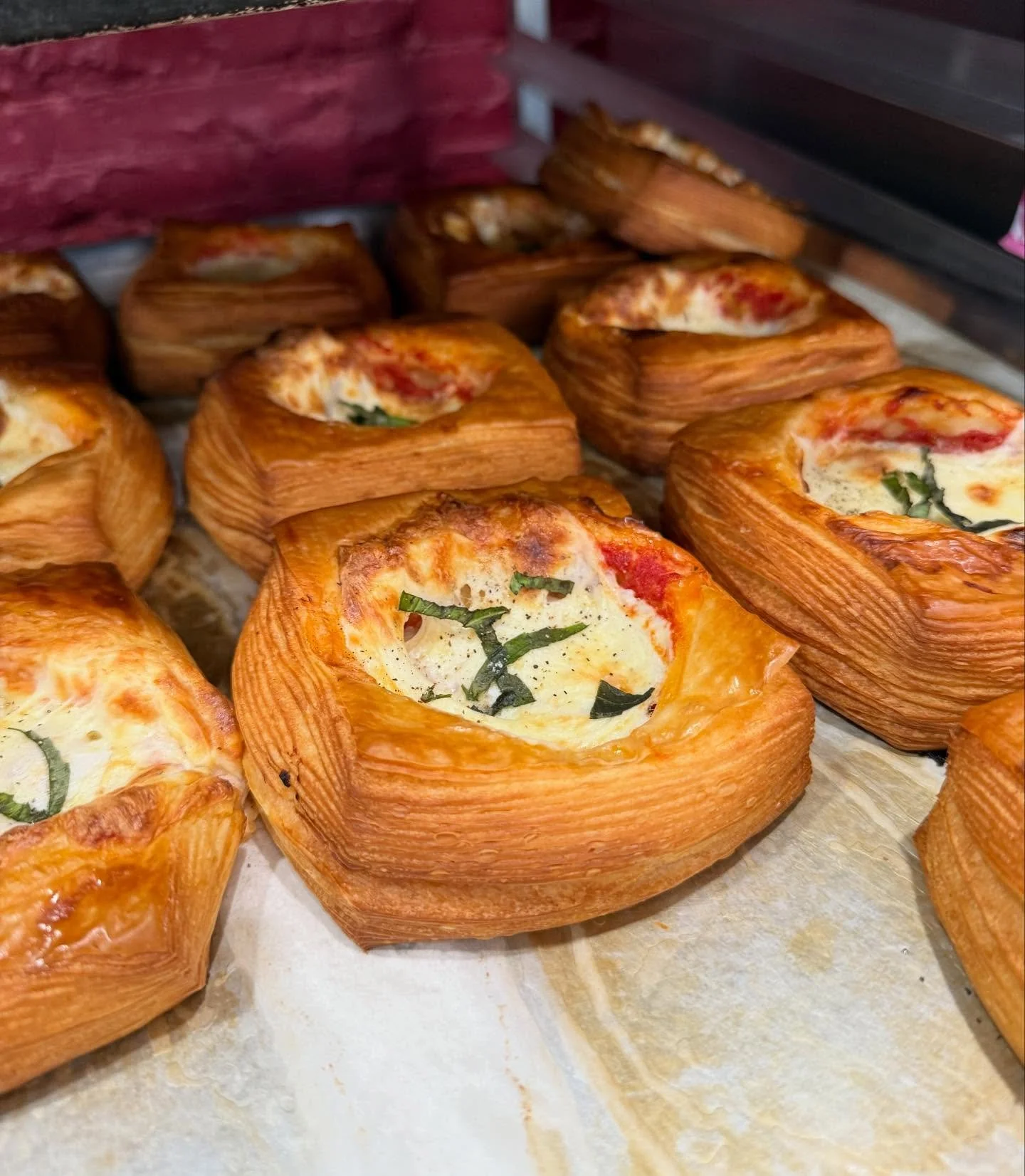 Margherita Danish on special this weekend 🍅🌿🥐
Housemade San Marzano sauce, fresh mozzarella, &amp; fresh basil. Limited supply !! 

Soon to come: Valentine&rsquo;s Day preorders and our 1 year birthday celebration next weekend !! 🥹