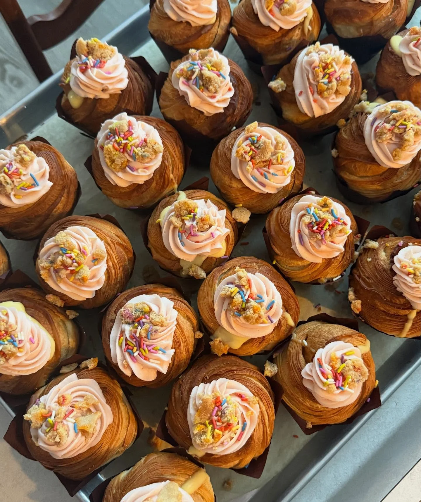 Grab a Birthday Cake Cruffin today to celebrate our 1 year anniversary!! 🩷🥐🎉🐷

We have pastries, merch, free mini croissants, &amp; more !!! Come warm up with us and stock up on pastries before the storm🫶