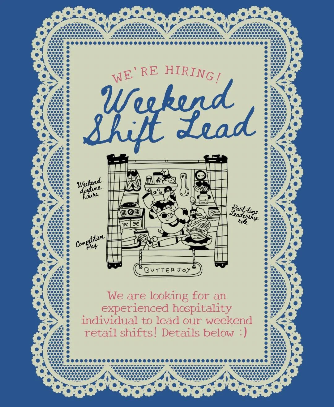 Busy season is approaching and we are looking to add to our team at Butterjoy! 🥐🫶🩷

We&rsquo;re looking for someone experienced in food service or hospitality to help lead our weekend retail service. Resumes/work experience can be emailed to jaina