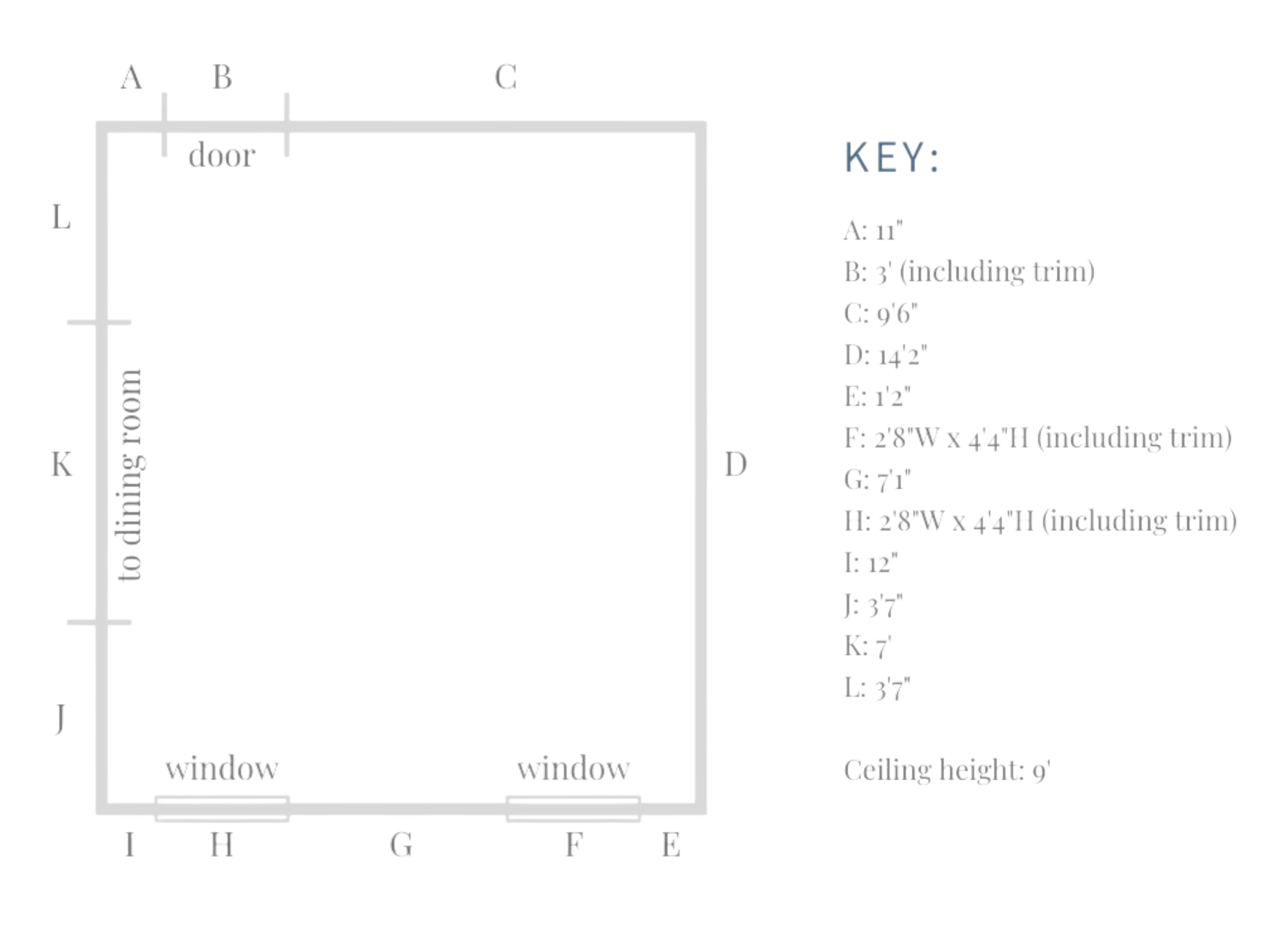 Floor plan of a room showing dimensions and features. The room has labeled measurements: A (1’1”), B (3’), C (9’6”), D (14’2”), E (1’2”), F and H (windows, 2’8”W x 4’4”H), G (7’1”), I (1’2”), J (3’7”), K (7’), L (3’7”). It indicates a door leading to a dining room and has two windows on one side. Ceiling height is 9’.