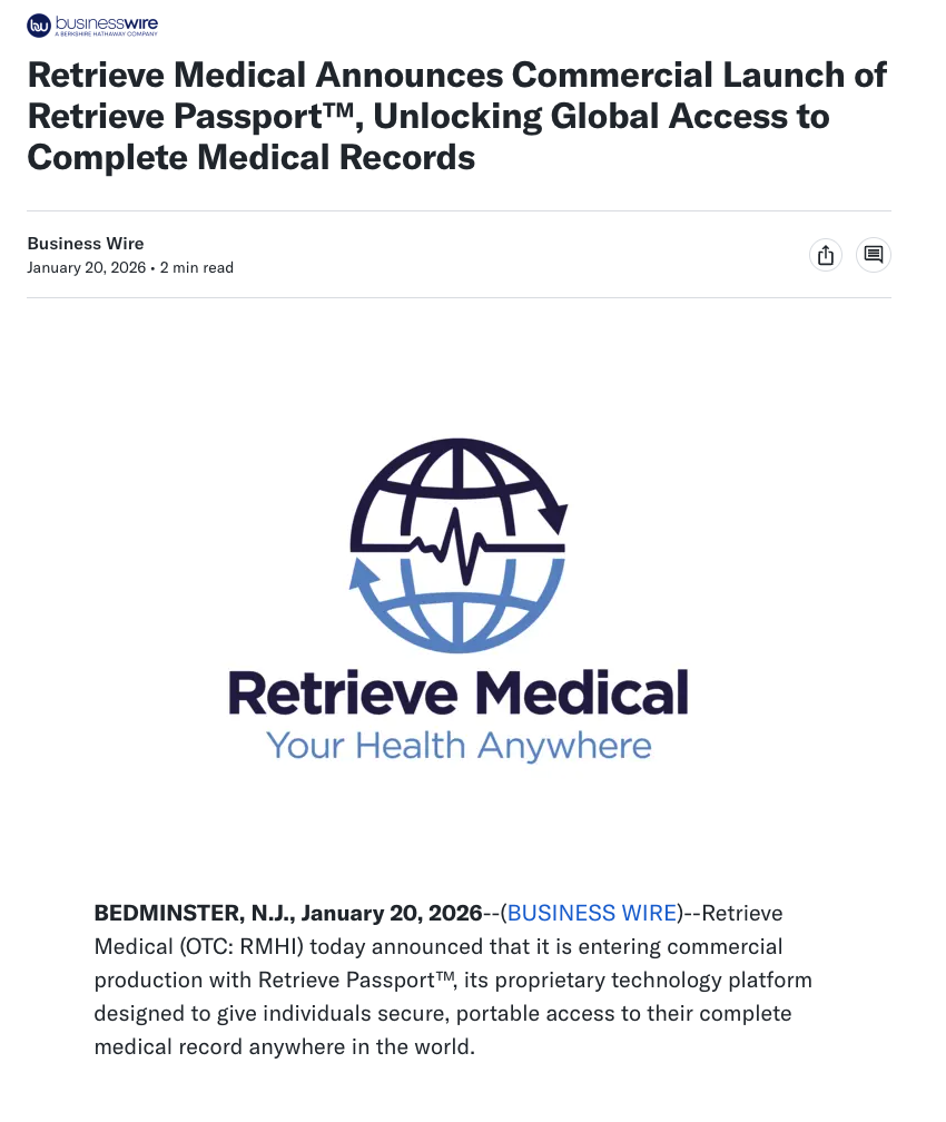 Retrieve Medical Announces Commercial Launch of Retrieve Passport™, Unlocking Global Access to Complete Medical Records