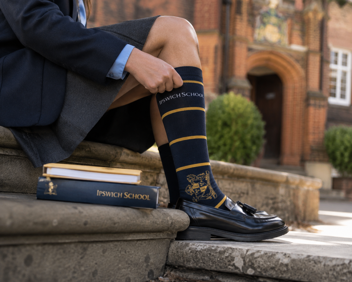Student wearing custom crested sock