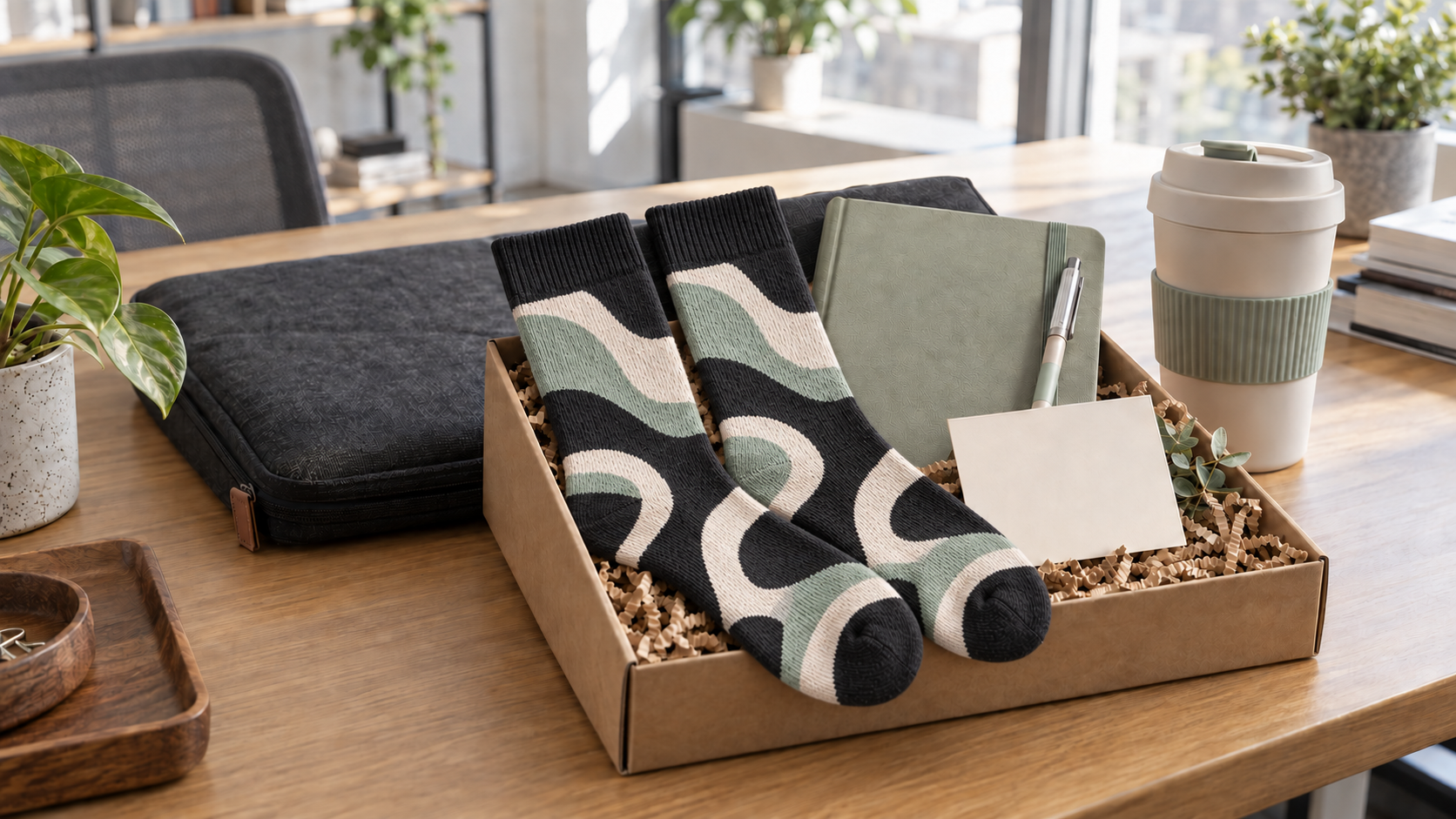 Employee onboarding gift box with custom socks, notebook and reusable coffee cup
