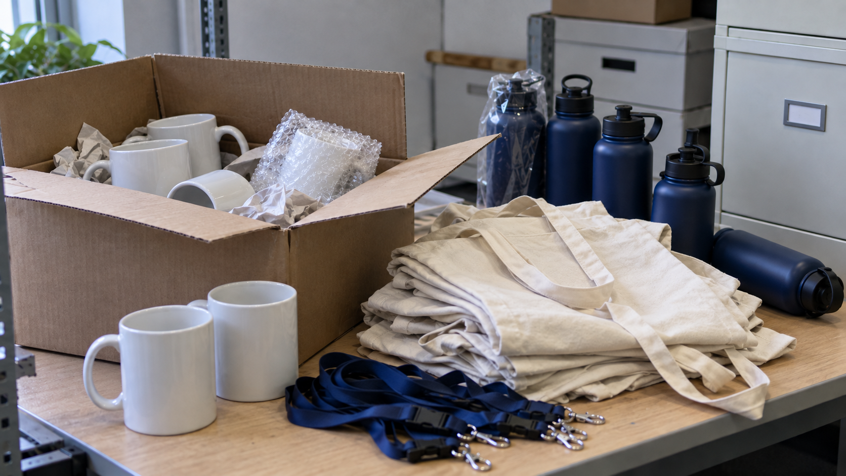 Boxes of unused generic promotional gifts in a university advancement office storage area