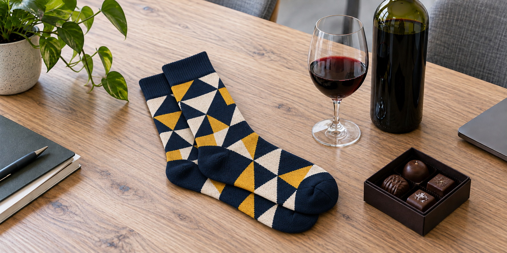 Custom socks displayed alongside wine and chocolate as corporate gift options on an office table