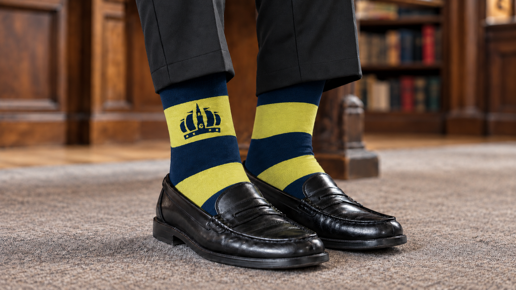 Custom navy and yellow university socks worn with formal shoes as an alumni gift example
