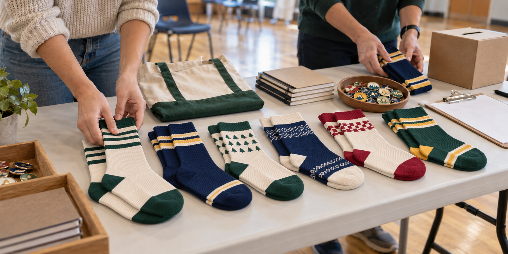 Volunteers arranging custom socks and other fundraising merchandise for a community event
