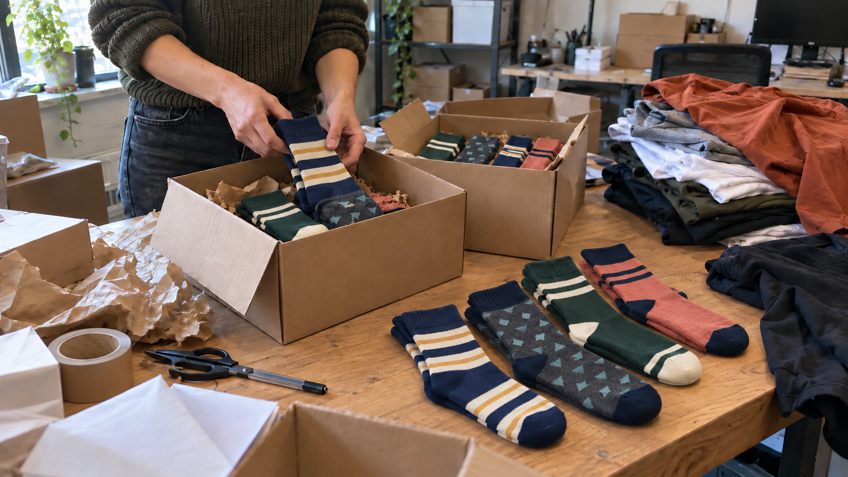 Team member packing colourful custom crew socks beside assorted branded T-shirts for company merchandise.