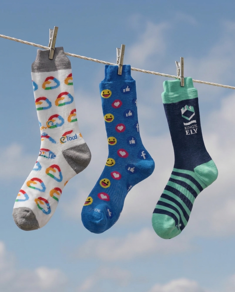 Three pairs of colorful socks hanging on a clothesline against the sky. The co-branded socks for company gifting feature various designs: Google socks with rainbow clouds and the Google Cloud logo, Facebook socks, and one with a logo and stripes.